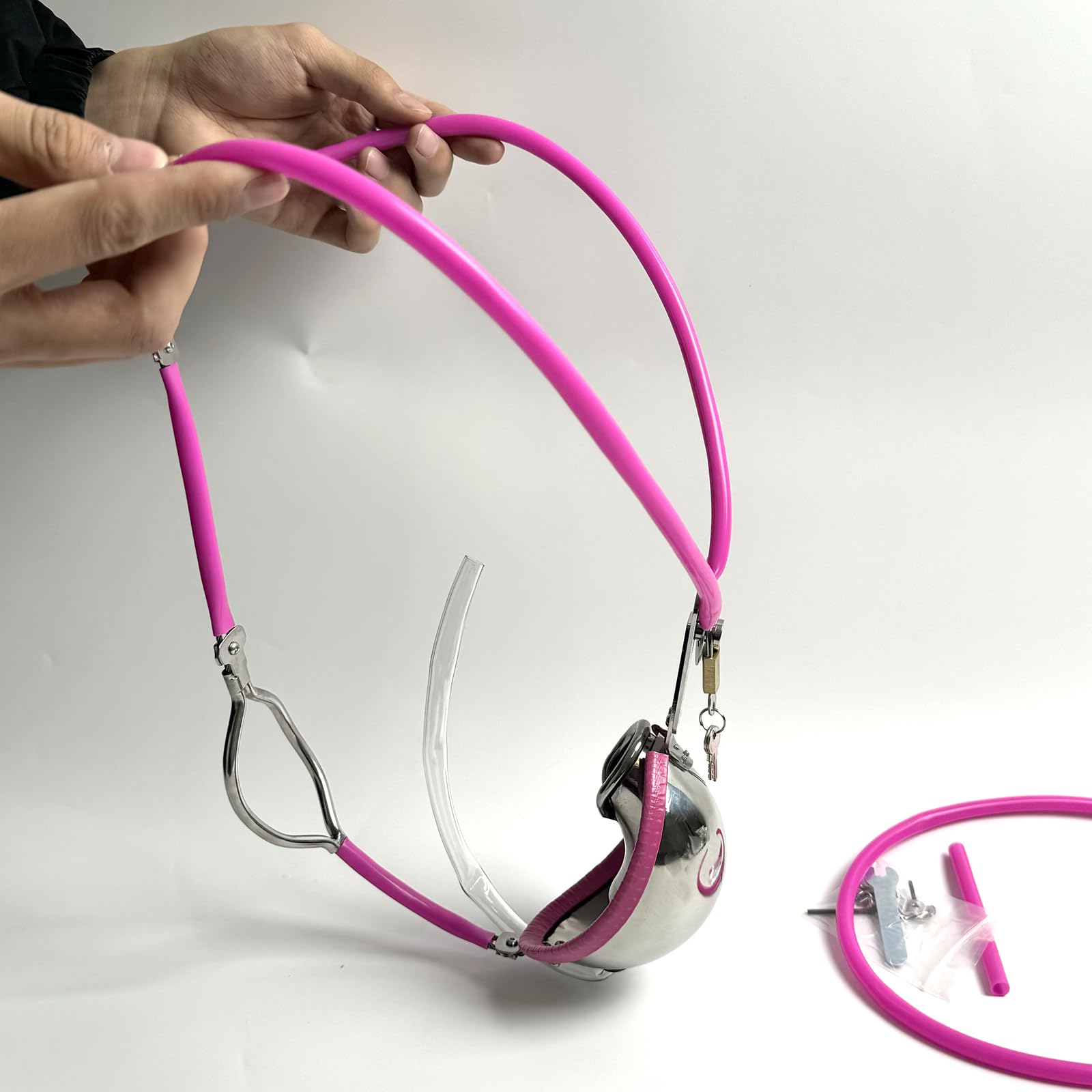 YILUQIFLY Ceinture de chasteté pour homme Acier inoxydable Verrouillable rose 60-90cm Cage à pénis BDSM