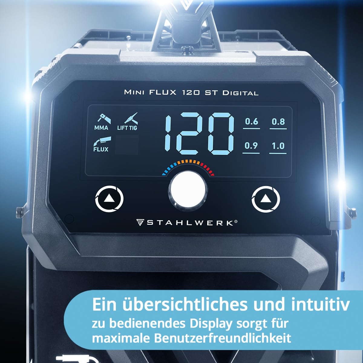 STAHLWERK Schweißgerät Mini FLUX 120 ST Digital – Vollausstattung – Fülldrahtschweißen (FLUX) ohne Schutzgas bis 120 A, synergischer Drahtvorschub, LED-Licht, Lift-TIG- & MMA-Funktion (E-Hand/ARC)