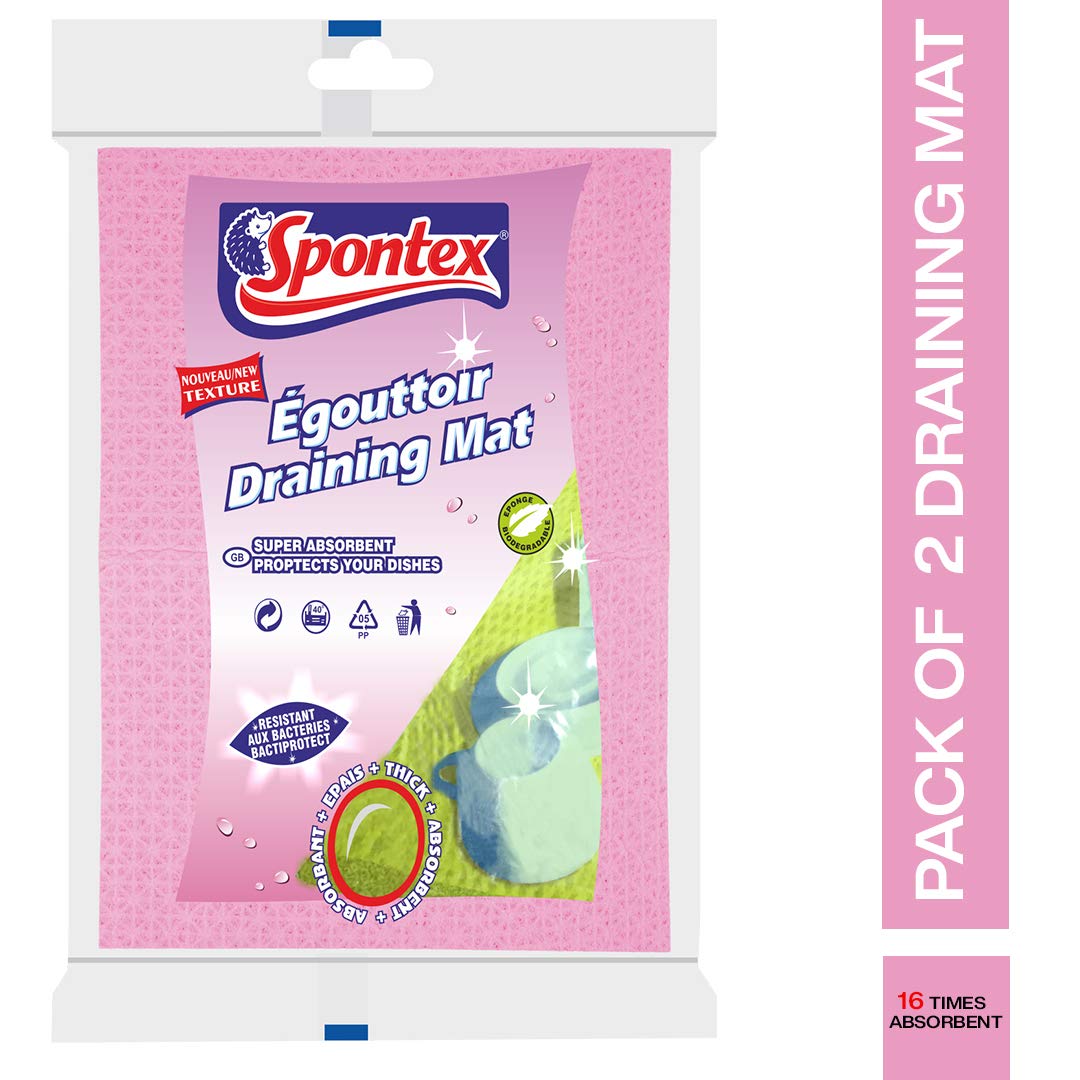 Spontex Egouttoir Draining Mat - Cellulose Extra Absorbent Draining Mat for Dish Cutlery and Fruits Vegetables (42 x 30 cm) - Pack of 2