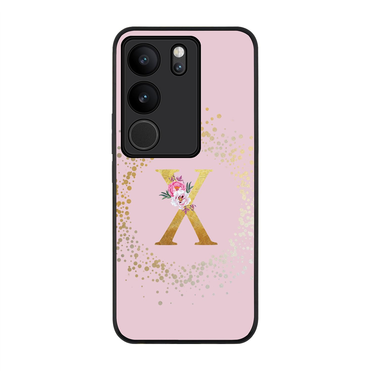 Stylizedd Rugged Black Edge case for Vivo V29 / Vivo V29 Pro/Vivo S17, Slim fit Case Flexible Rubber Edges Anti Drop Thin Cover - Custom Monogram Initial Letter Floral Pattern Alphabet - X (Pink)