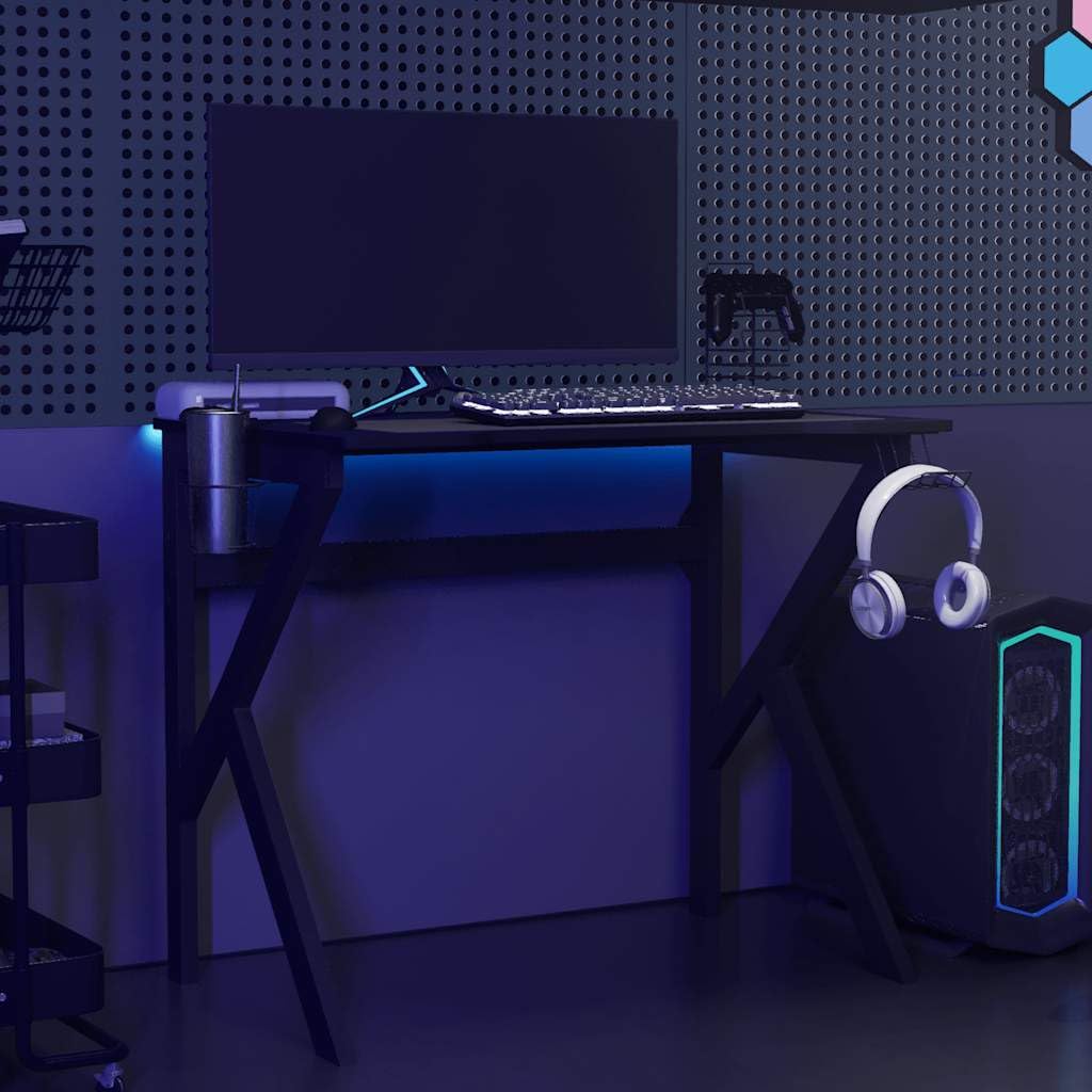 Scrivania da gioco con rack K nero, 90 x 60 x 75 cm, robusto tavolo da gioco ergonomico con supporto per bicchieri, materiale in legno e ferro