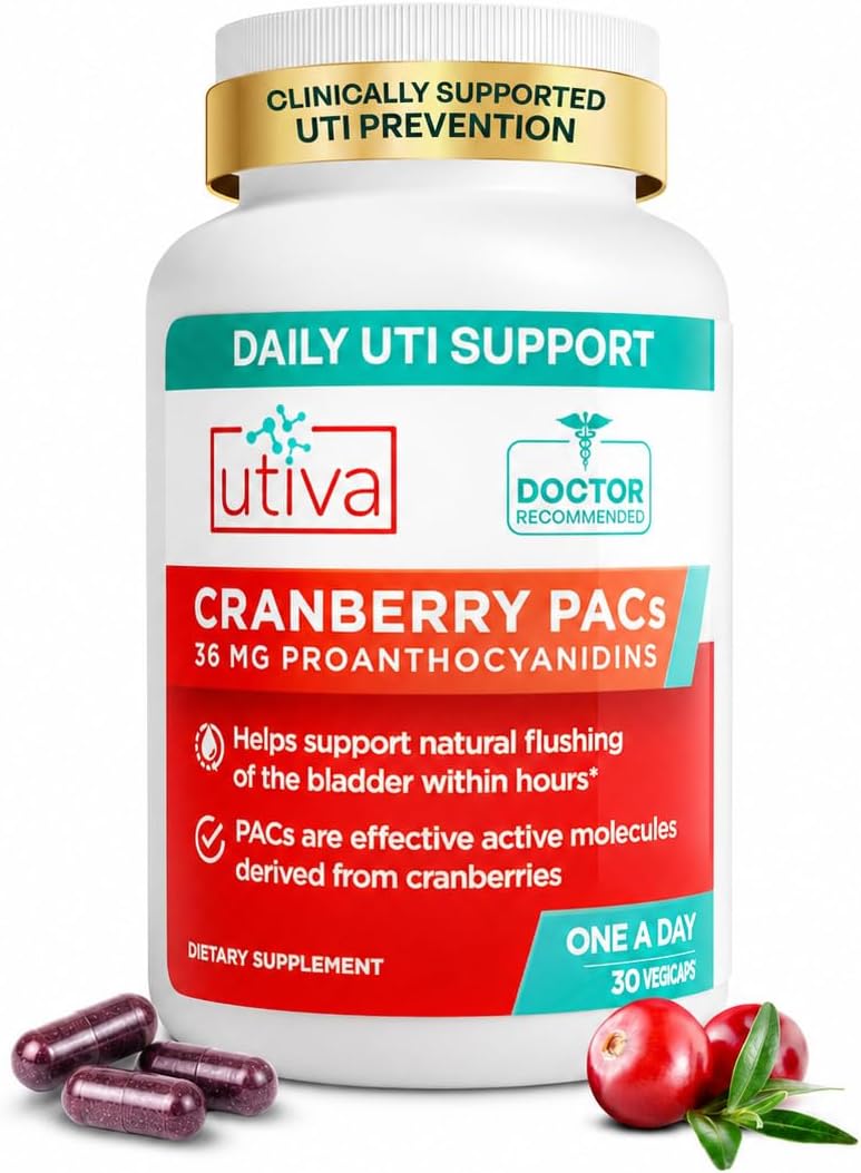Szio+ Utiva Cranberry PACs, Inc. - 30 Vegi Caps โ 36 mg Soluble PACs DMAC/A2; Promoting a Healthy Urinary Tract; Non-GMO, Vegan, Gluten-Free, Bladder Health.