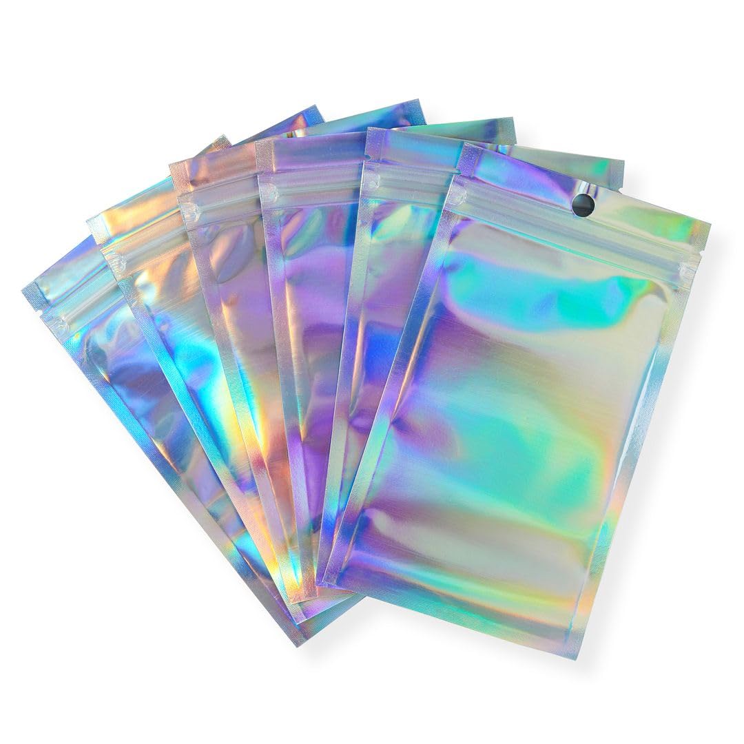 Rimiko Holographic 150Pcs Reusable Aluminum Mylar Ziplock Bags, Resealable Foil Pouches For Food Storage (4.1"X5.9", 10.5X15cm)