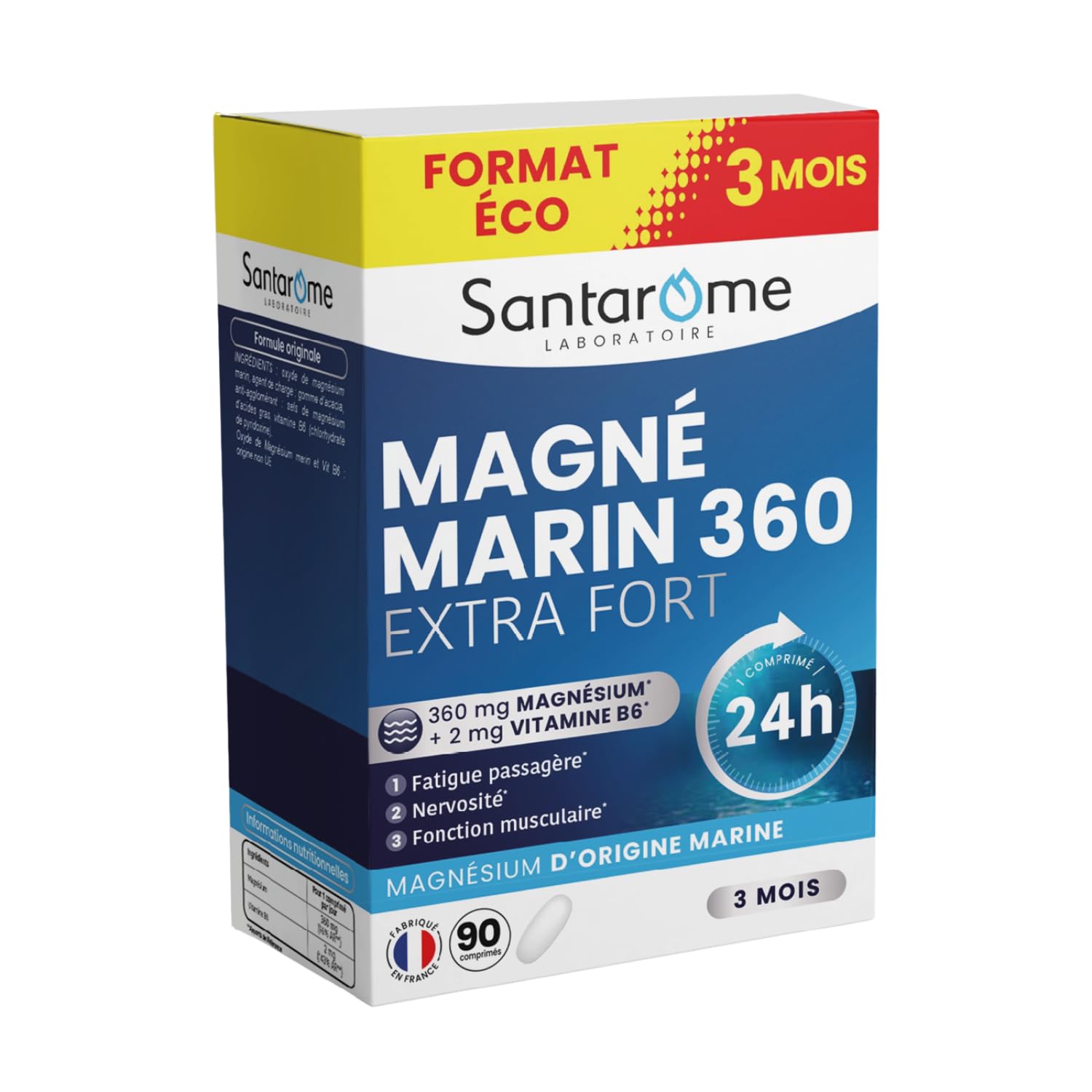 Santarome - Magnésium Marin 360 mg Extra Fort – Vitamine B6 – Fatigue, Stress, Nervosité – Libération Prolongée 24h – Format Eco - 90 Comprimés – Fabriqué en France