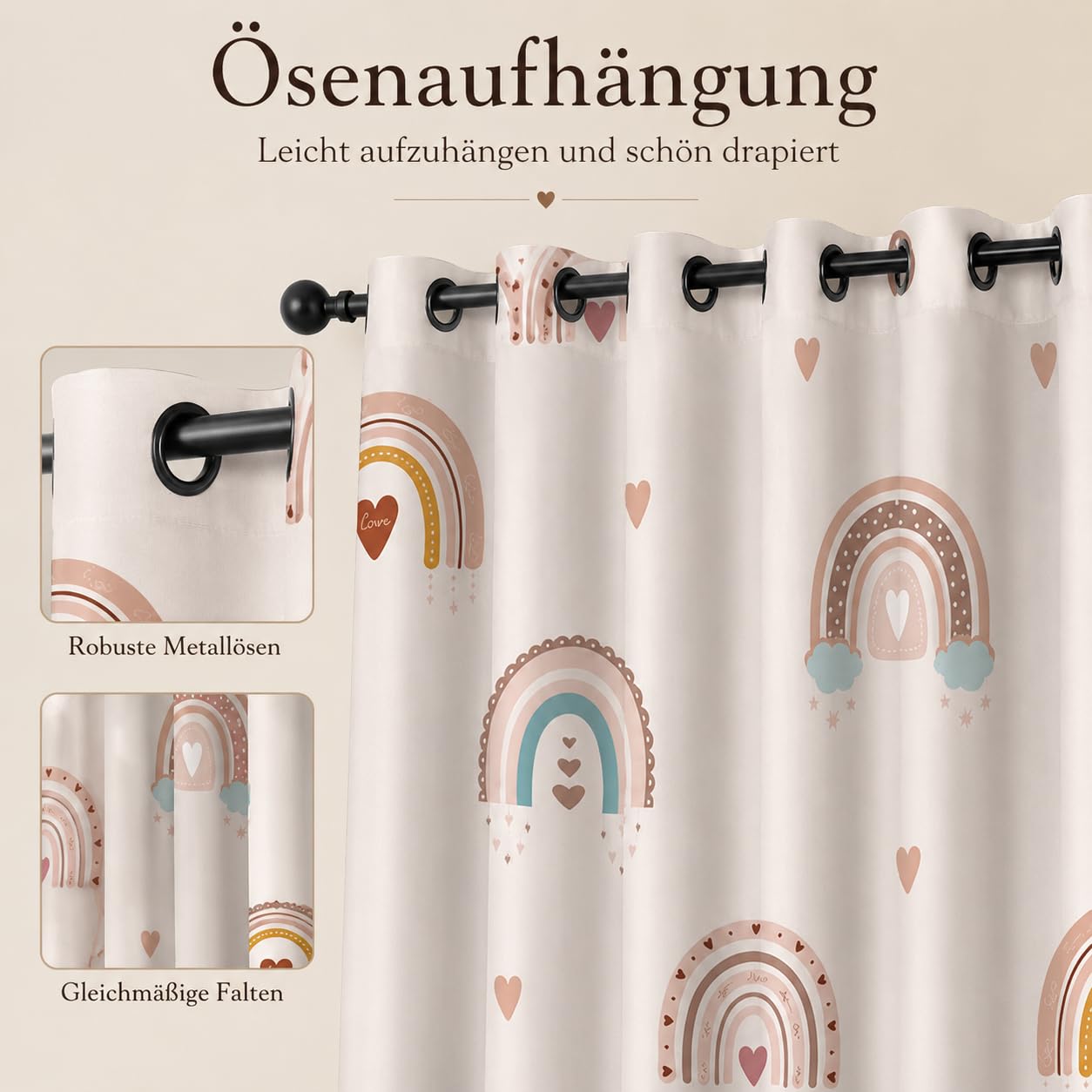 Vorhänge Regenbogen, Verdunkelungsvorhang Boho Liebesherz mit Ösen, Vorhang Blickdicht Thermovorhang für Schlafzimmer Wohnzimmer Kinderzimmer, Ombre Gardinen Deko 2er Set 160 x 100 cm (HxB) T-176