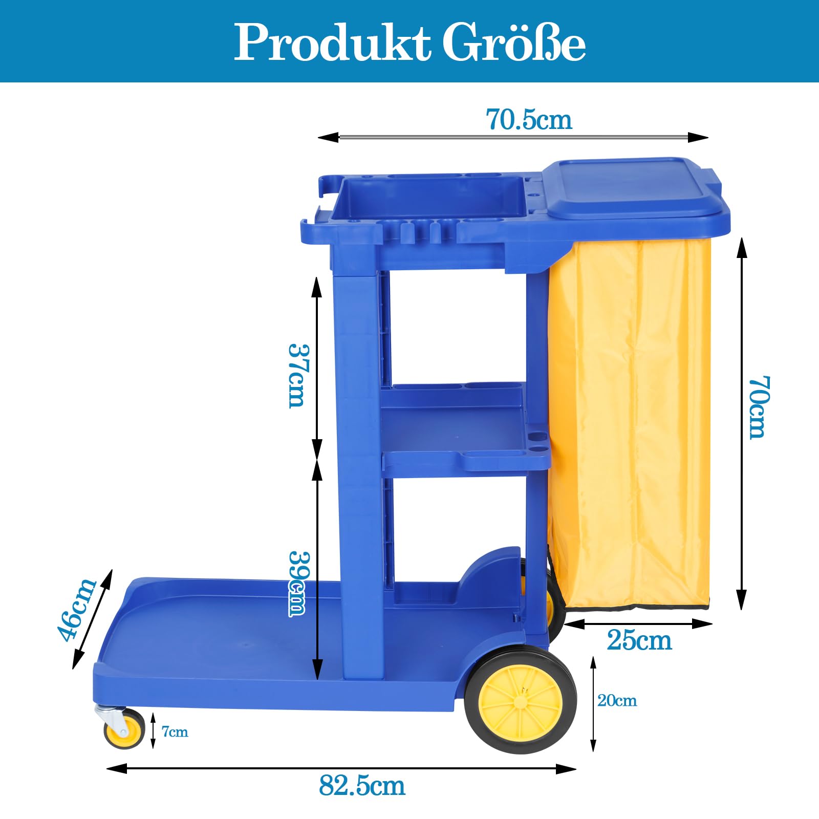 bimiti Carro de limpieza con bolsa de basura de 65 litros, 83 x 46 x 90 cm, 3 niveles, carrito de limpieza profesional, carrito de limpieza con 4 ruedas, para servicio de hotel, centros comerciales,