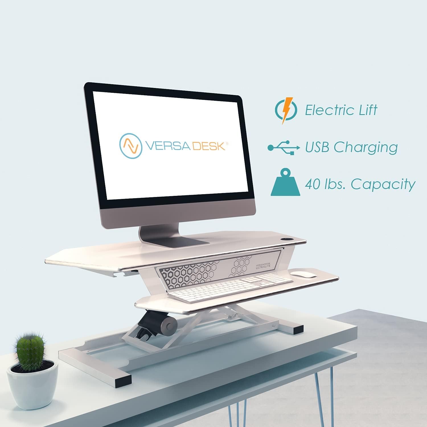 VersaDesk Ultralite Standing Desk Converter | Made in USA | Electric Height-Adjustable Desk Riser | Sit to Stand Desktop with Keyboard + Mouse Tray + USB Port | 36" x 24" - White : Office Products