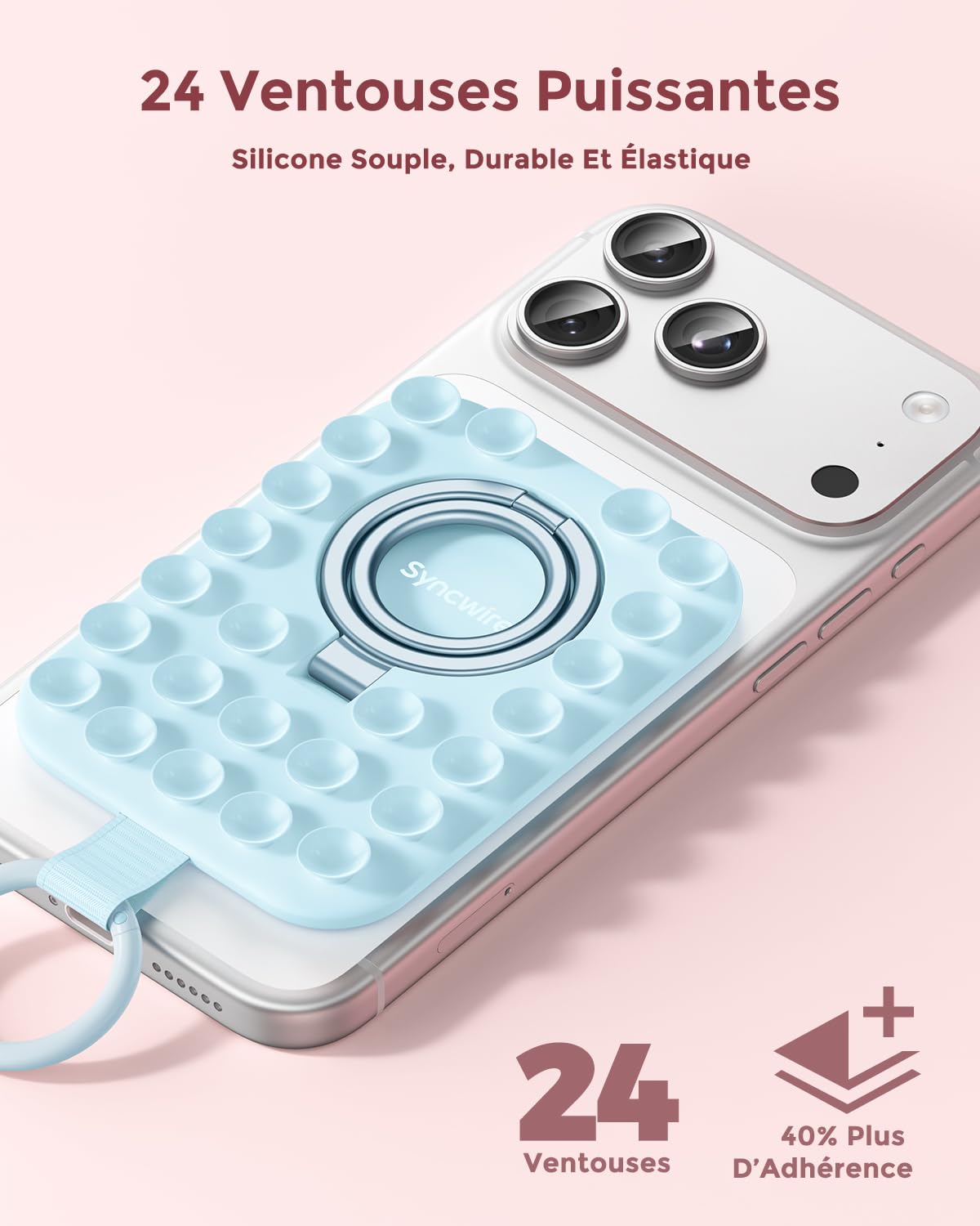 Syncwire Support Téléphone Magnétique en Silicone avec Ventouse Puissante – Anneau Magnétique Compatible MagSafe pour iPhone/Android, Mains Libres, Selfies & Vidéos TikTok, Bleu