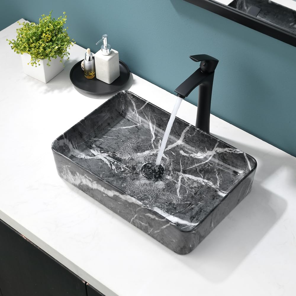 Black Vessel Sink with Pop Up Drain-Bokaiya 20x14 Rectangle Ceramic Vessel Sink Black Marble Bathroom Sink Above Counter Sink Bowl for Bahroom Modern Porcelai Countertop Bathroom Vanity Sink Art Basin