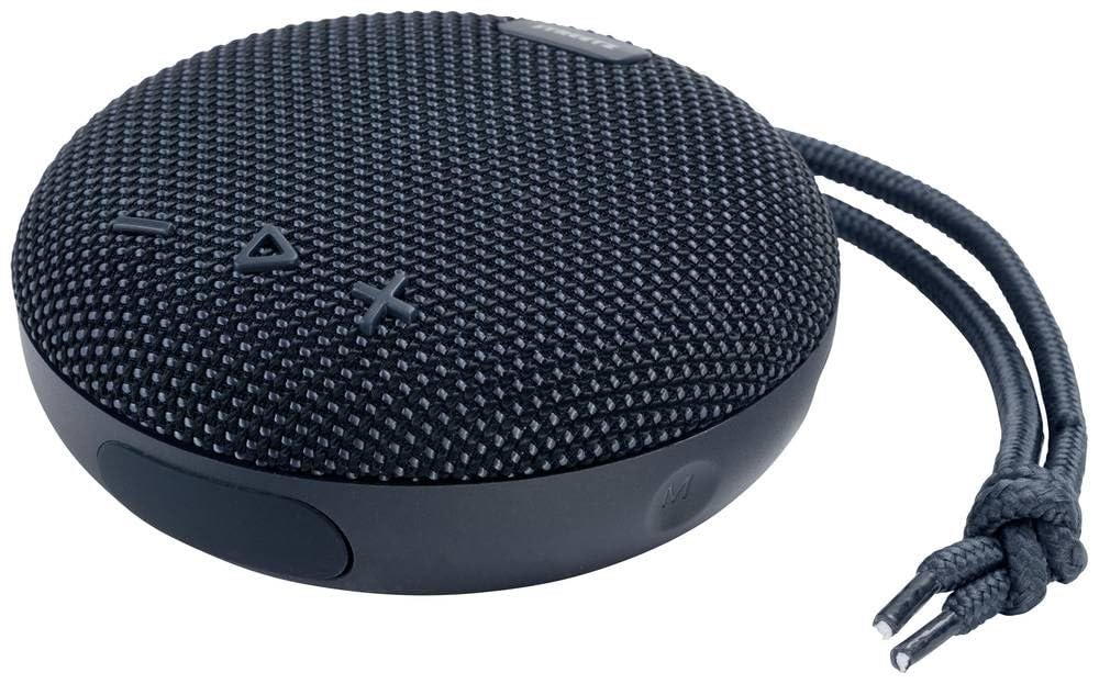 DELTACO Portable Bluetooth Speaker STREETZ CM769 IPX7, showing the top mesh surface with control buttons and a braided strap.