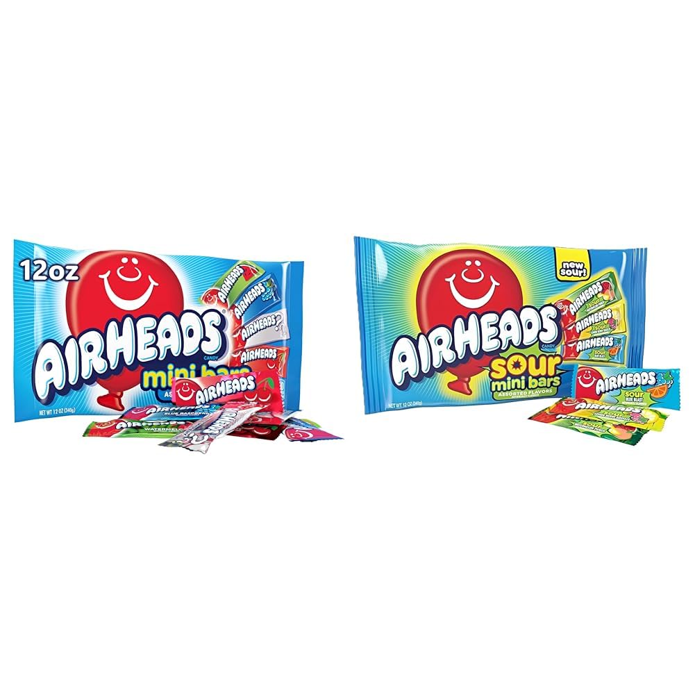 Bundle of Airheads Mini Bars Regular & SOUR Variety, Halloween Trick or Treat Candy Variety Bag, Individually Wrapped Bulk Candy for Adults & Kids, Party, Non-Melting, 12 oz Bag (Pack of 2)