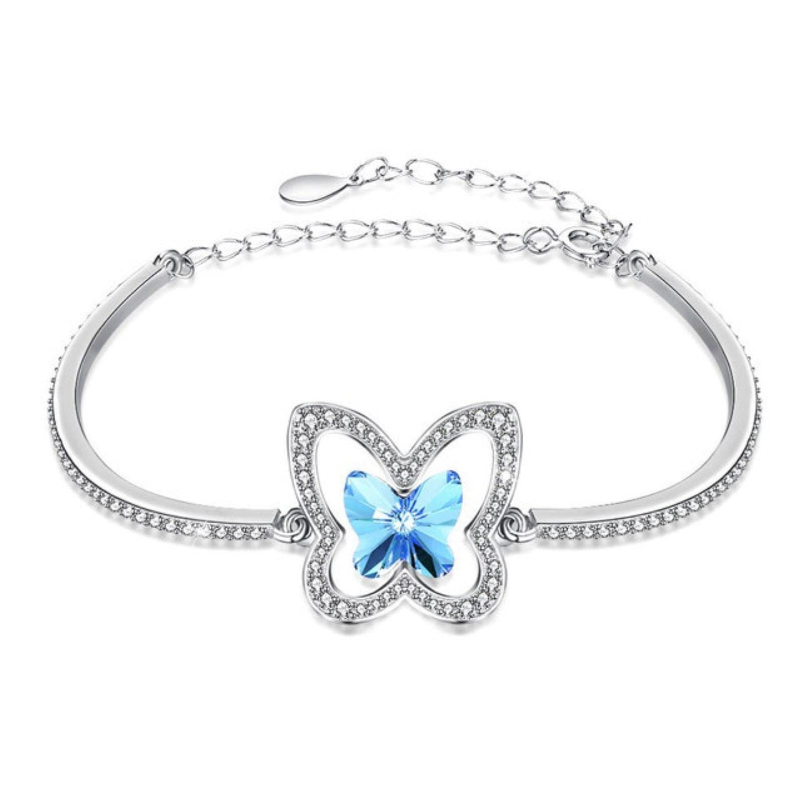 DAOMEI Cristal Real 925 Pulsera De Plata Mariposa Rosa Azul Pulseras Joyería Romántica para Mujeres Niñas Festival Aniversario Regalo