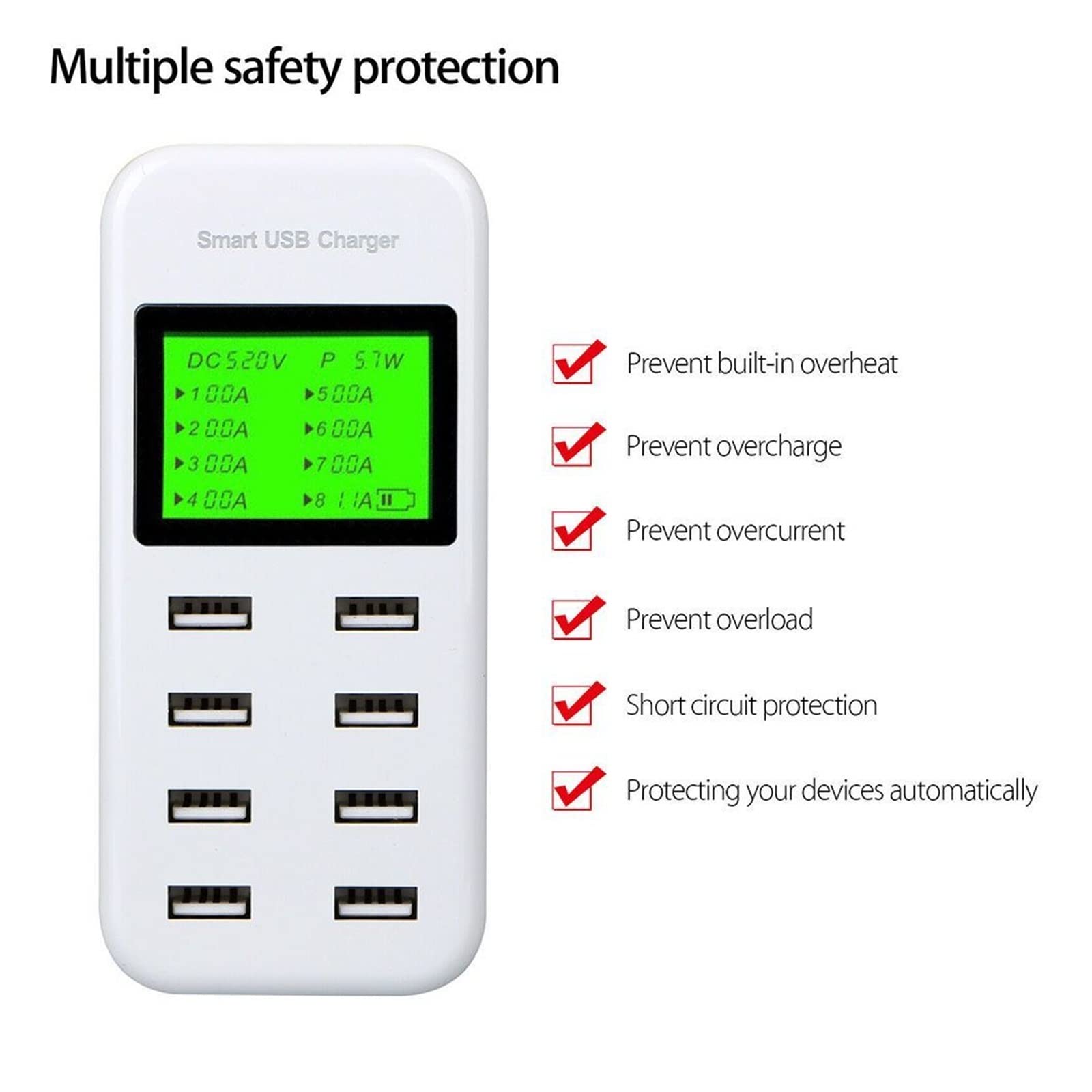 Chargeur USB, Smart Multi USB AC Hub LCD Affichage 8 ports USB Chargeur mural Adaptateur secteur Station de charge murale