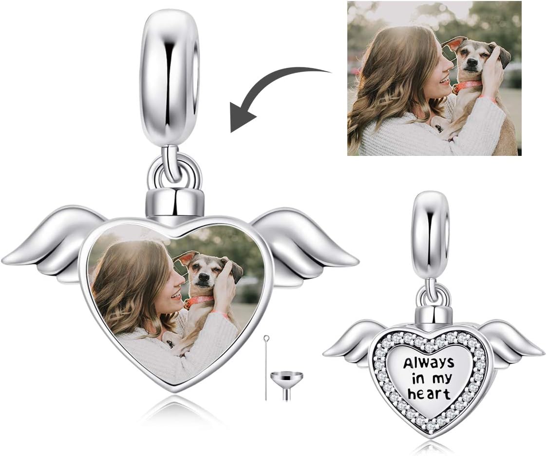 LONAGO Heart Photo Charm Sterling Silver Cremation Keepsake Heart Urn Charm for Ashes for Bracelet Necklace Gift for Women