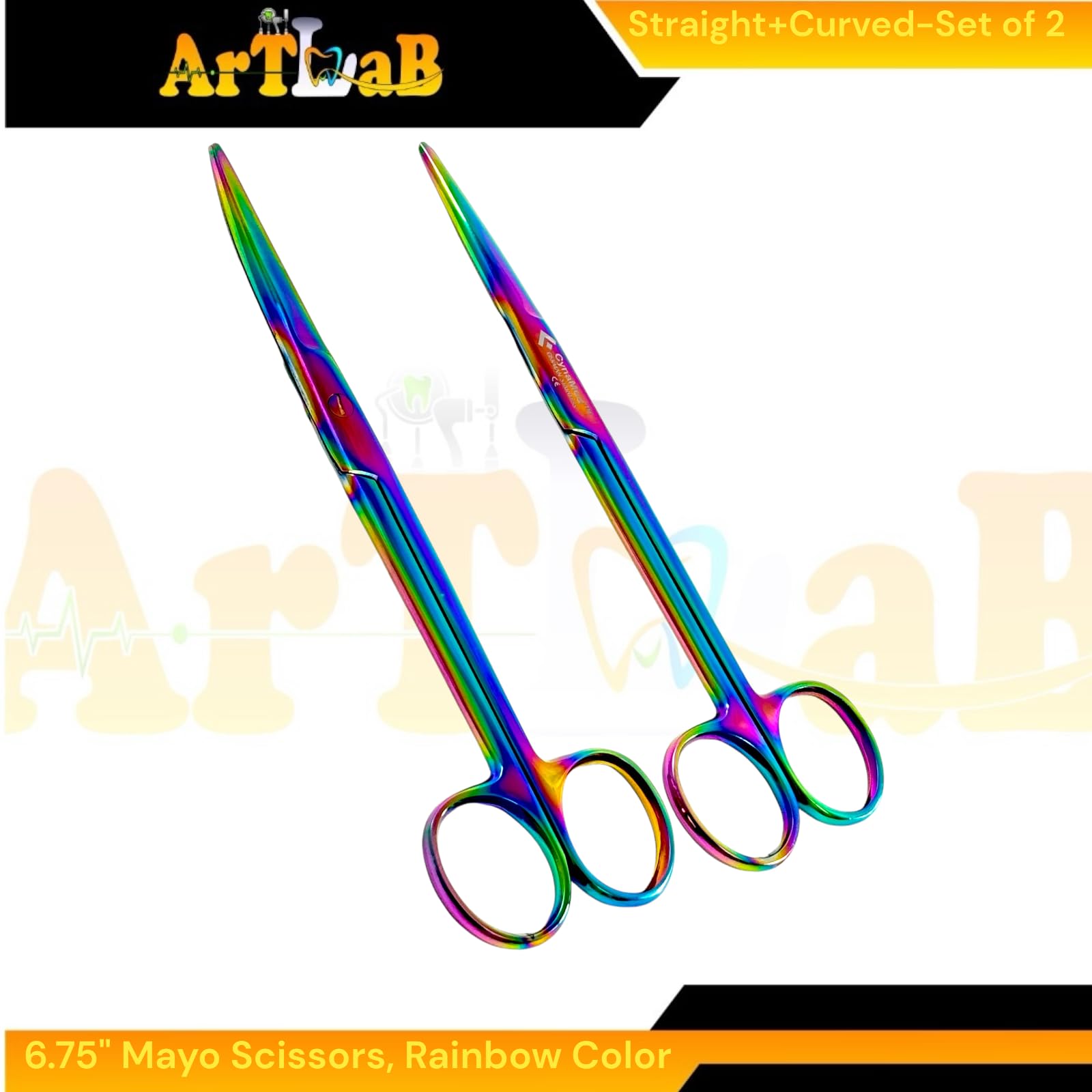 Set of 2 Mayo Dissecting Scissors, Blunt Tips, Straight and Curved Set, Size 6.75in (17.15cm) Rainbow Titanium - German Stainless Steel - Threat and Bandage Cutting Scissors Universal