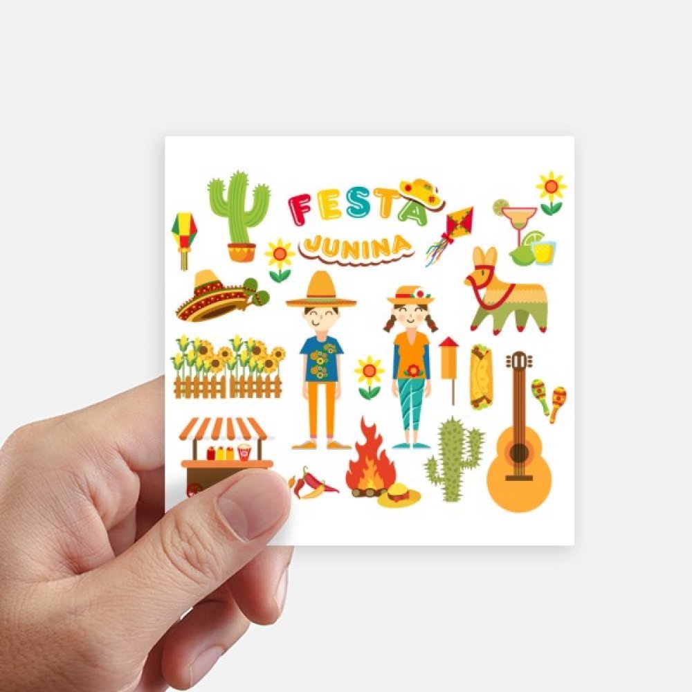 Autocollant carré festival de guitare et cactus multicolore - Lot de 8 stickers de 10 cm
