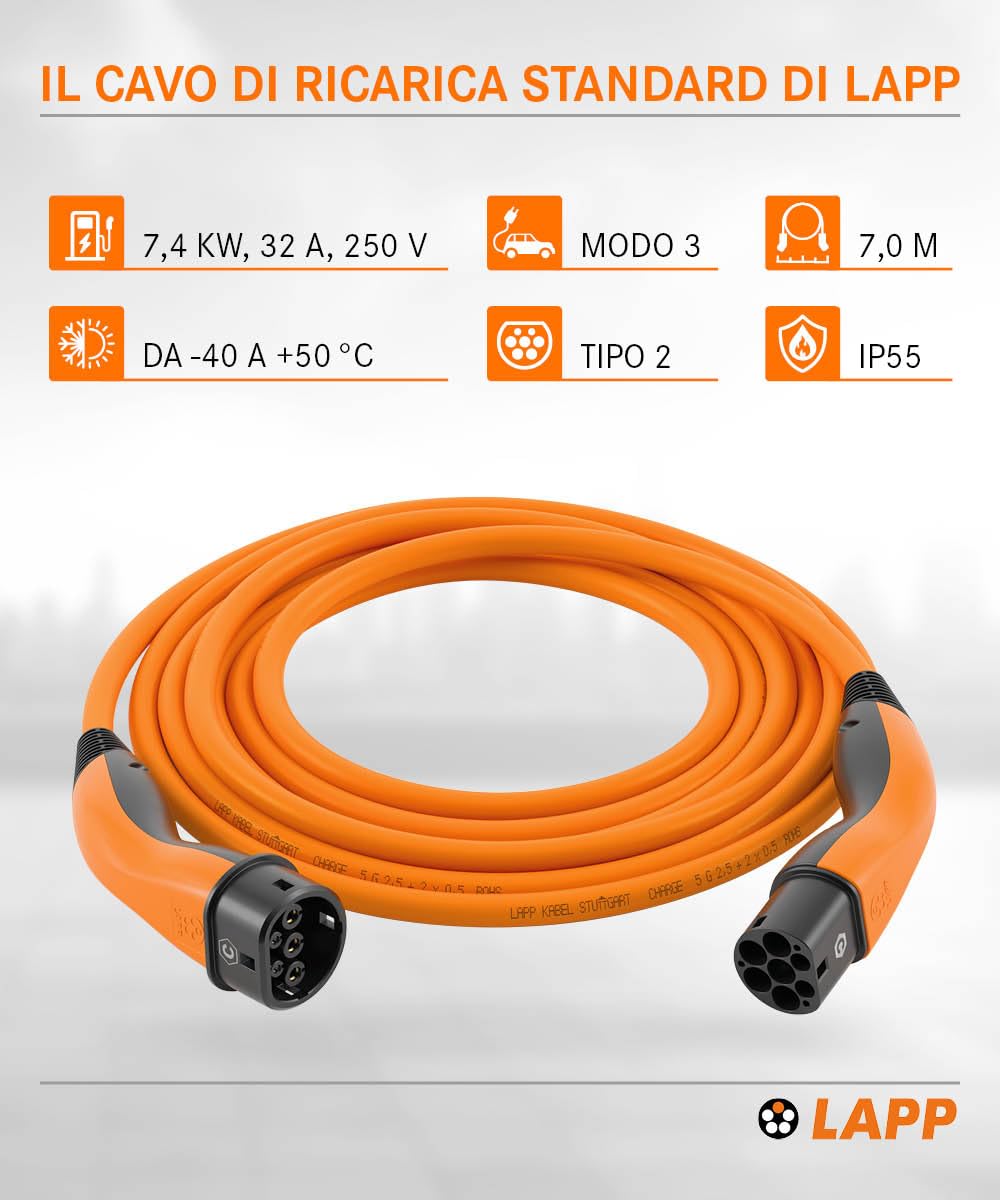 LAPP MOBILITY Ladekabel Typ 2, bis zu 7,4 kW, 7 m, Orange (61791)