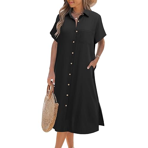 Zeagoo Women Dresses Summer Casual Short Sleeve Button Down Shirt Dresses 2025 Beach Cover Up with Pockets