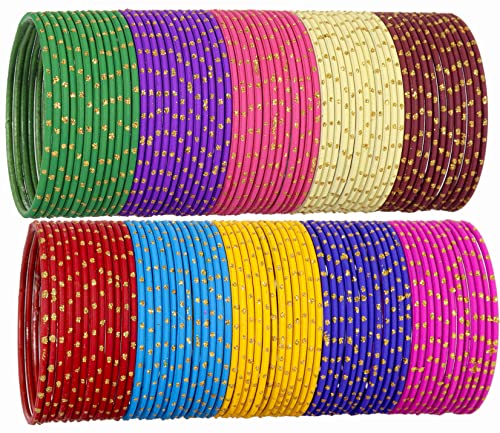 NMII Metal Base Metal With Spreads Zari and Cutting Design Latest Attractive Bangles Set For Women and Girls,(Multi_2.10 Inches), Pack Of 120 Bangles Set