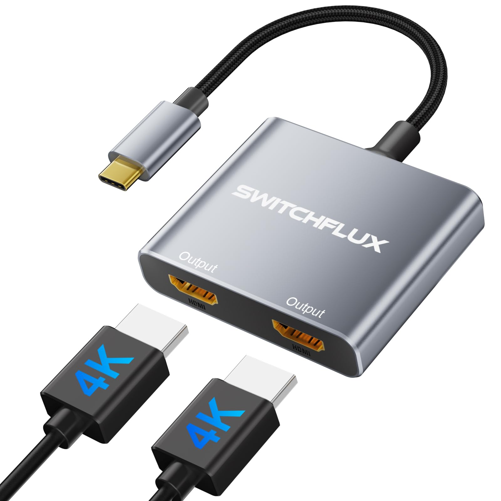 SWITCHFLUX USB C to Dual HDMI Adapter, 4K@60Hz Dual Monitor Adapter for Extended & Mirror Display, HDMI Splitter Compatible with MacBook Pro/Air, Dell, HP, and Lenovo laptops