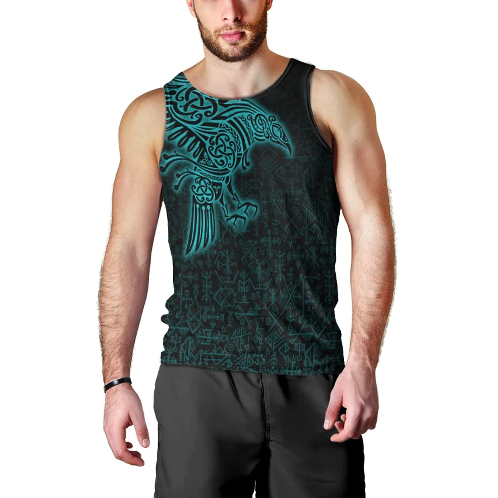 JIYAUMen's Fenrir Wolf Totem Tank top Viking Summer Fashion Oversized Fit Street Sleeveless T-Shirt Casual Sports Muscle Vest