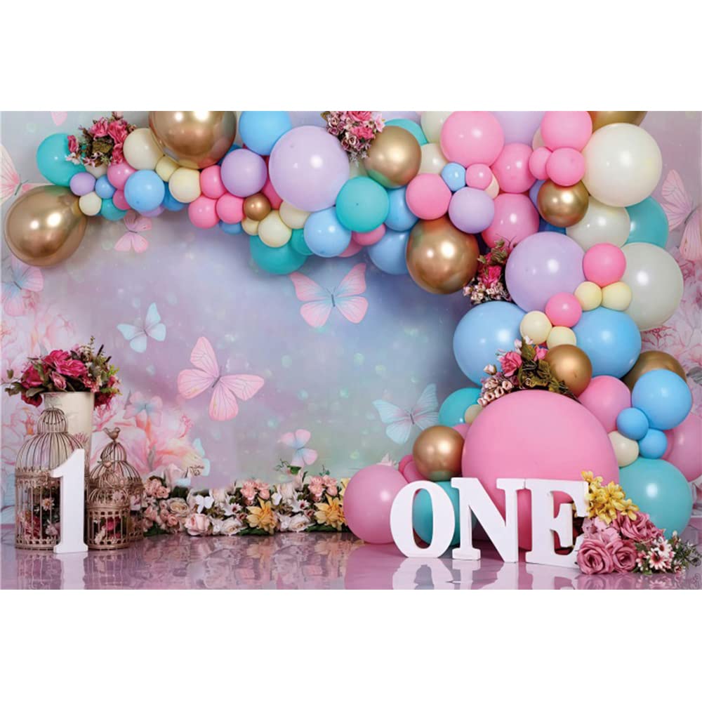 First Birthday Backdrop for Girl Flower Pink Purple Balloon Backdrops Sweet One Year Old Photography Cake Smash Background for Baby Girl Flowers Butterfly Kids 1st Birthday Banner Decorations 7x5ft — view 3