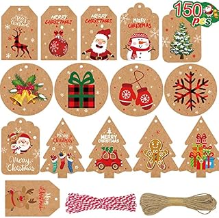RMMD Christmas Gift Tags 150PCS Christmas Tags for Present Xmas Gift Tags with String Brown Craft Paper Tags for Gift Wrapping Xmas Hanging Labels Christmas Wrapping Tags for Christmas DIY Craft