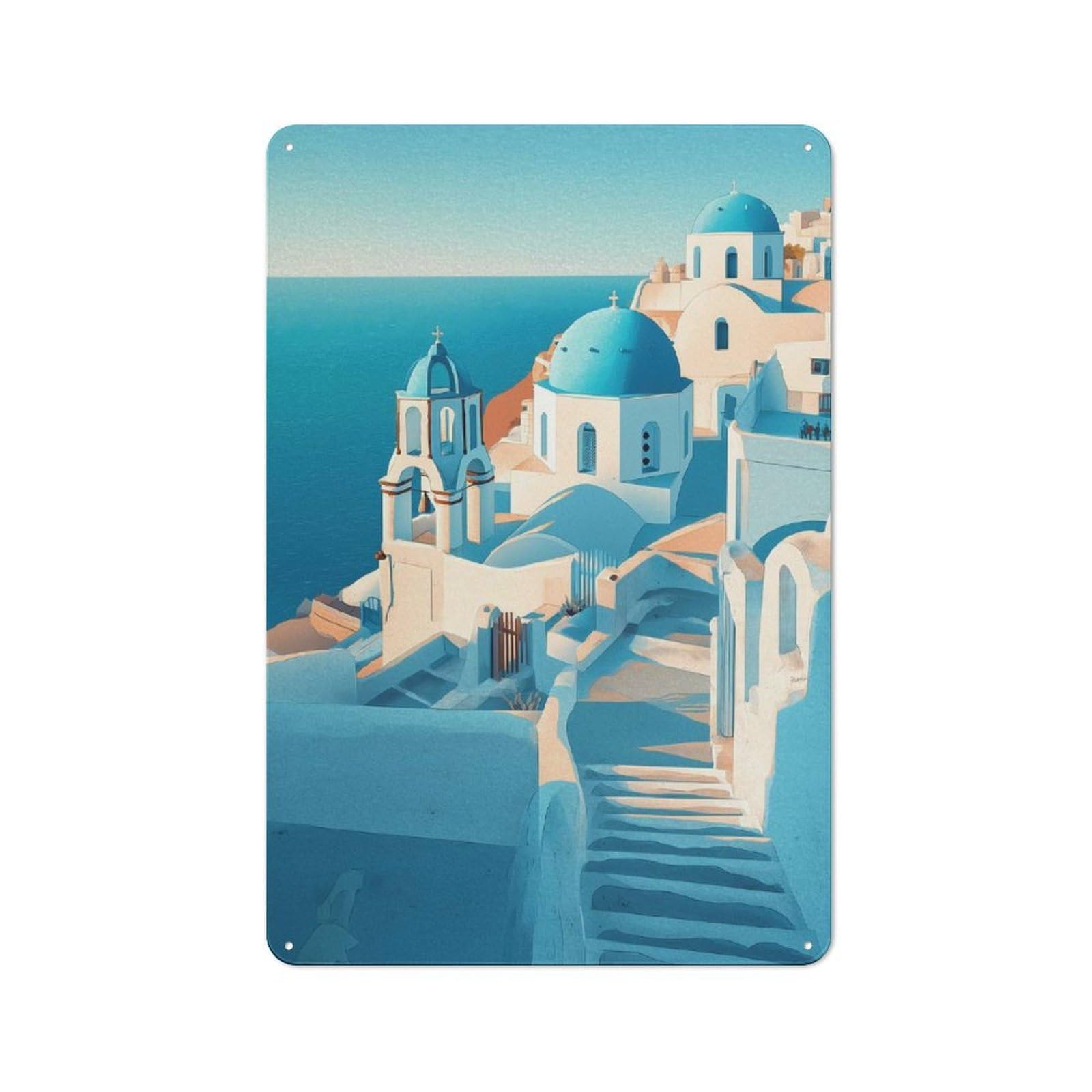 Junmoney Style-24 Farmhouse Metal Sign With Santorini Island Churches Design 30X20cm, Rustic Country Wall Plaque For Cottage, Kitchen, Hallway Or Breakfast Nook