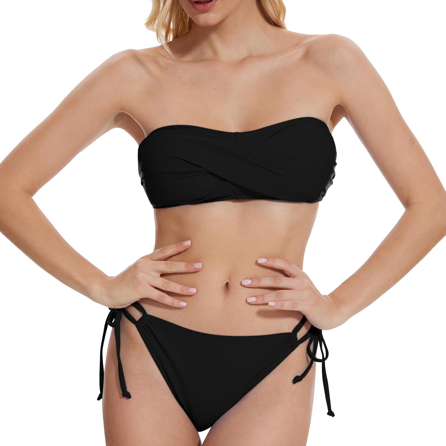 レディース バンドゥビキニセット ストラップレス ツイストフロント セクシー トップ 2ピース 水着 サイドタイ 調節可能なボトム