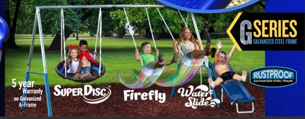 Firefly Water Park. Swing Set for Backyard. Easy Assembly, Galvanized Metal Frame, 5 User / 4 Station. LED Swings, SuperDisc Swing, 5' Waterslide and 6' Slide Tarp, 148" x 93" x 74", by XDP Recreation