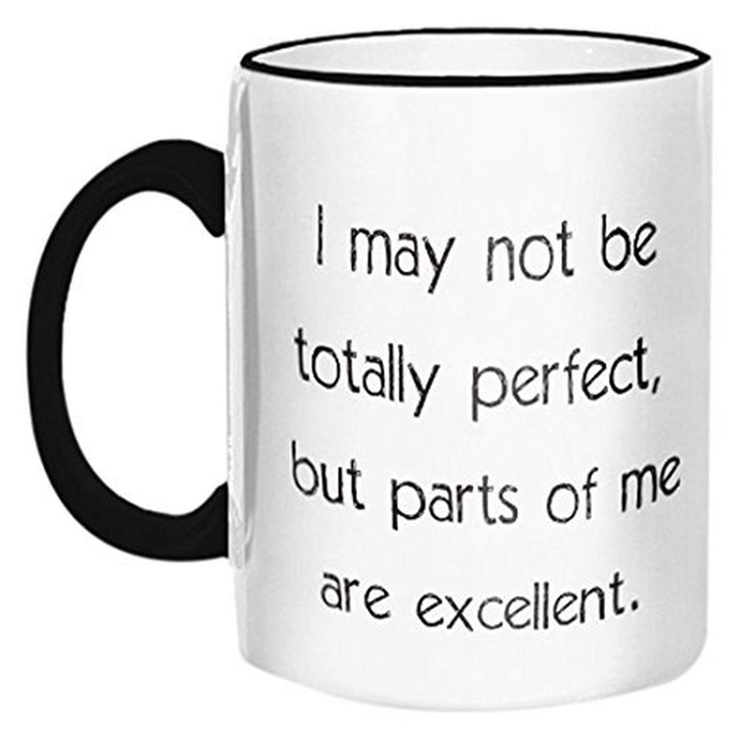 Retrospect GroupI May Not Be Totally Perfect" Ceramic Mug, White with Black Handle and Rim