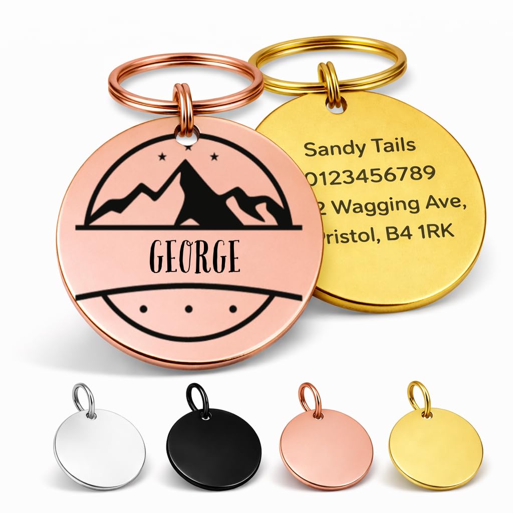 Personalised Mountain Dog Tag – Custom Engraved Pet ID Tag for Dogs & Cats – Stainless Steel Name Tag – Adventure Explorer Collection (Medium: 30mm)
