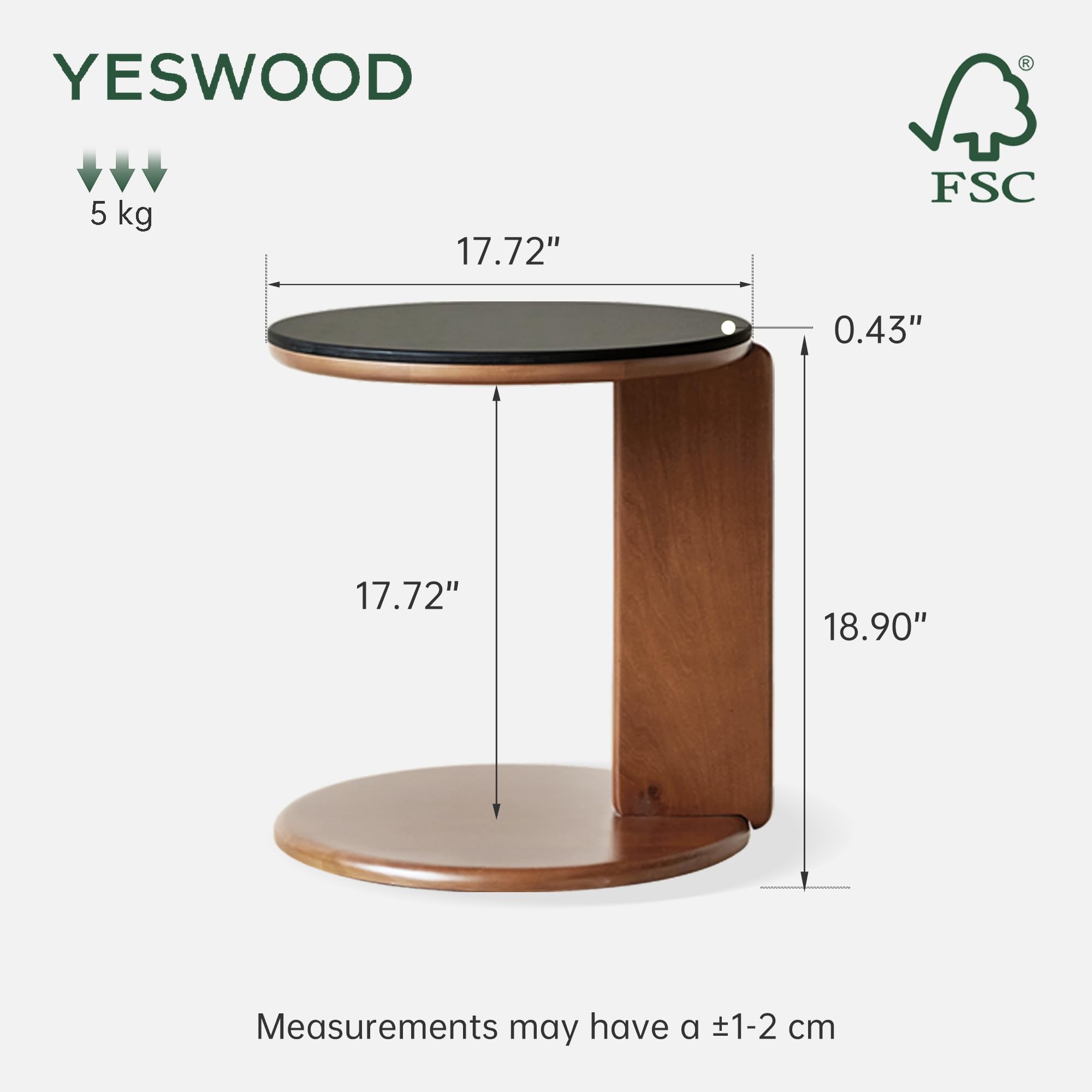 YESWOOD C-förmiger Beistelltisch 45 cm, Keramik Sinterstein Tischplatte, Massivholz Sofatisch aus Tulpenbaum, Couch Beistelltisch für Laptop, Schwarz | Platte aus Sinterstein, hitzebeständig und kratzfest, modernes Design, Beistelltisch für Wohnzimmer