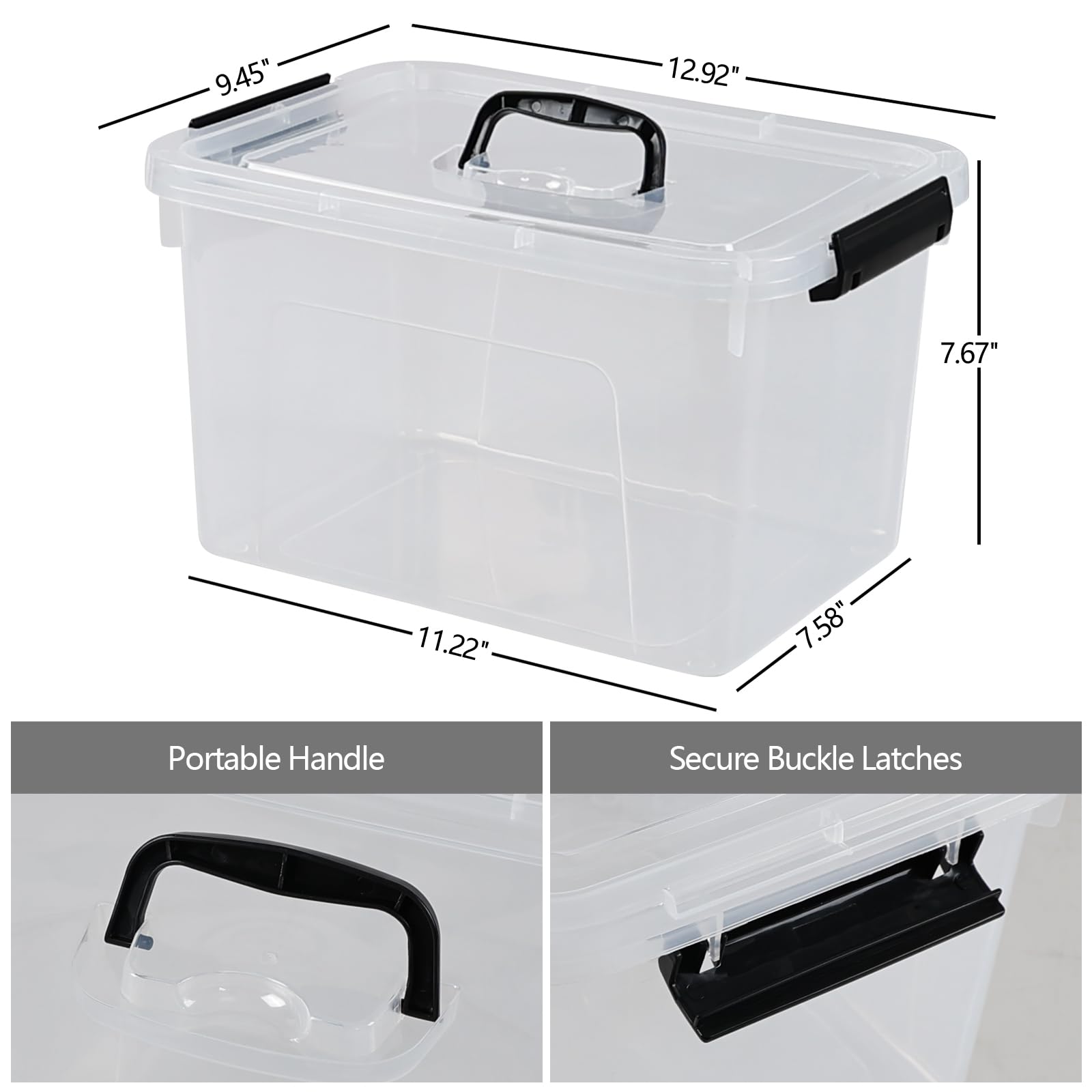 Bac de rangement en plastique transparent de 10 l avec poignée, boîte de rangement verrouillable avec couvercle, 1 paquet