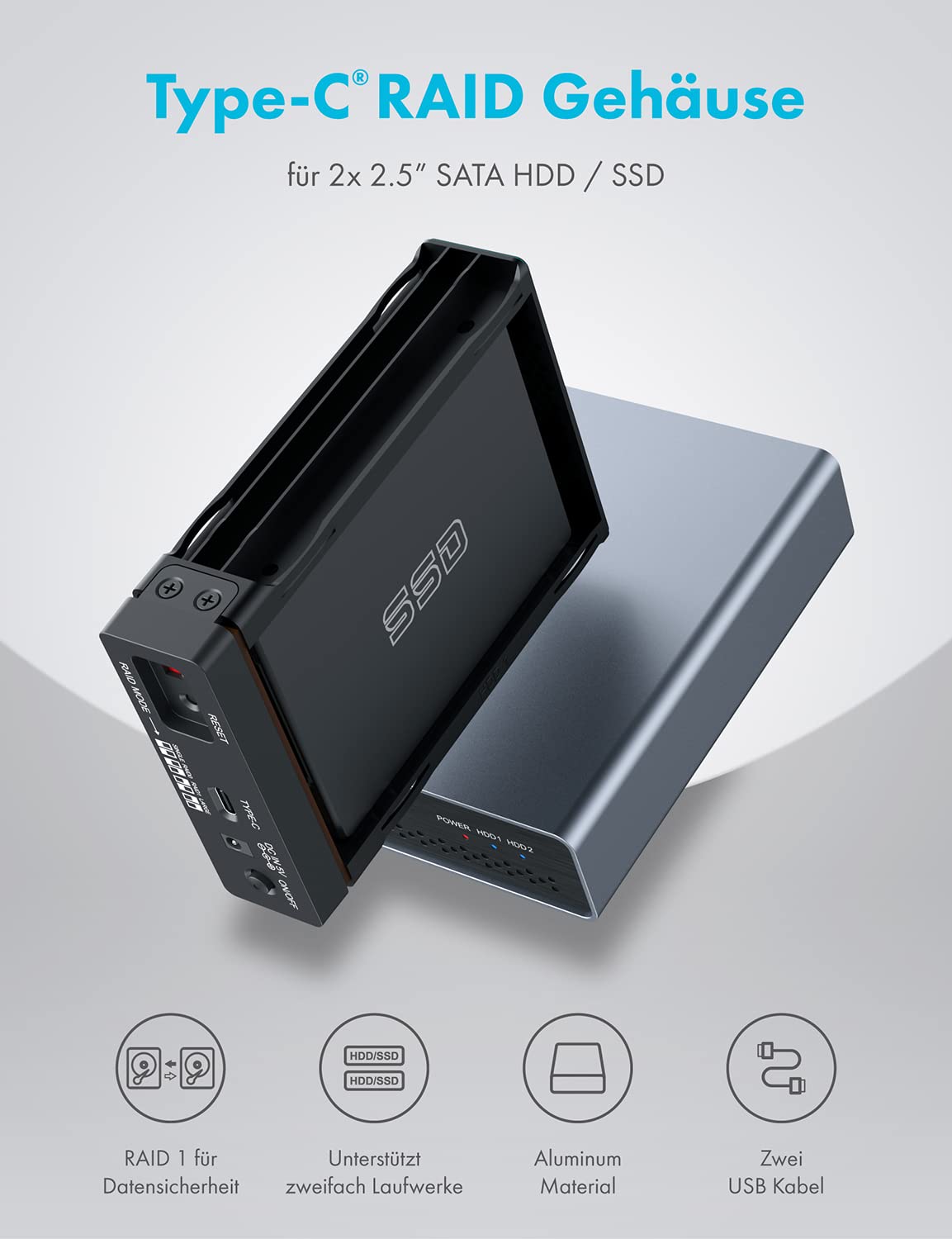 GRAUGEAR | Boîtier Raid Externe | 2 x 2,5" SATA SSD/HDD | Type-C® USB 3.2 Gen2 (10Gb/s) | Raid 0, RAID1, Single, Large | USB-C | USB-A | Aluminium | Bloc d'alimentation | G-25RD2-AC-10G
