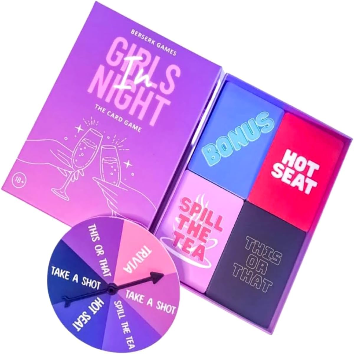 Girls Night in - Bachelorette Party Game, Adult Card Game with Spinner, Funny & Flirty Questions for Girls Night, Bridal Shower & Birthday Parties