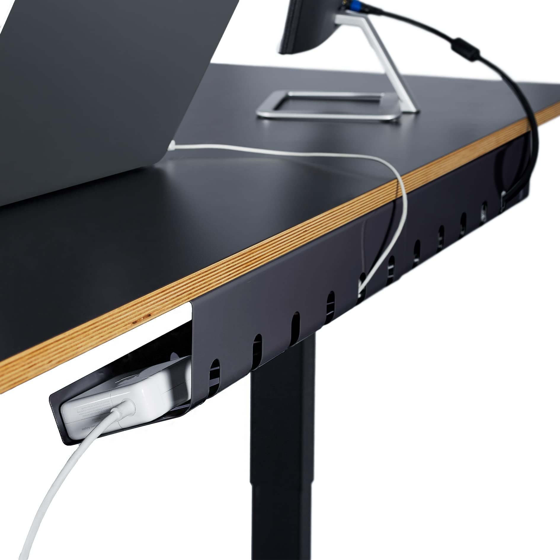 PAMO Cable Management Under Desk, Set of 2 - Black | Easy under-table mounting keeps cables organized, includes 10 cable ties for a clean and tidy office or home workspace.