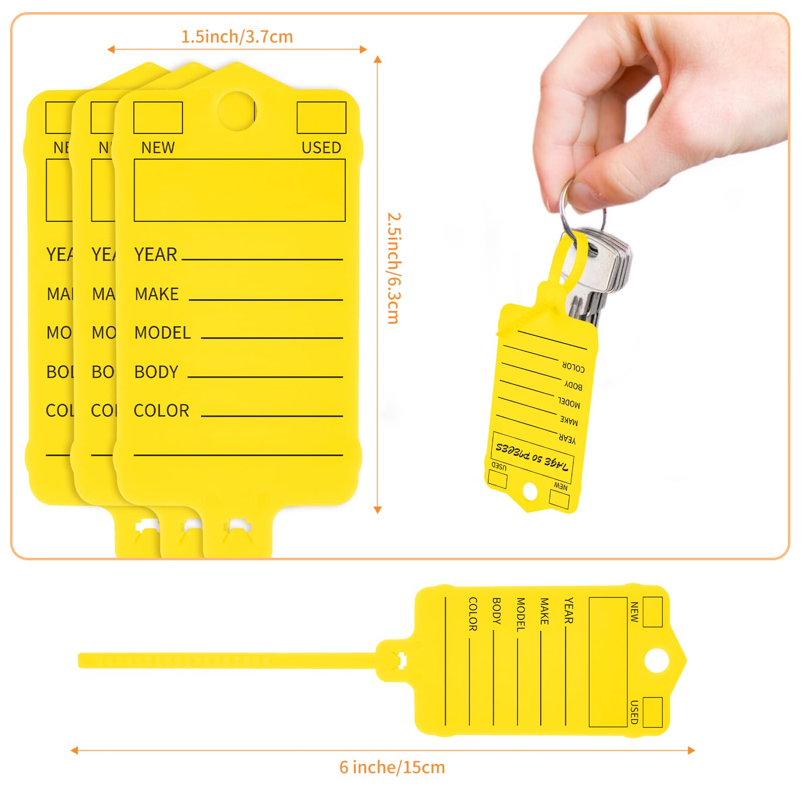 Lot de 200 étiquettes auto-verrouillables jaunes en plastique pour clés de voiture, étiquettes d'identification d'expédition, étiquettes étanches pour boîte à clés, bureau, magasin, concessionnaire