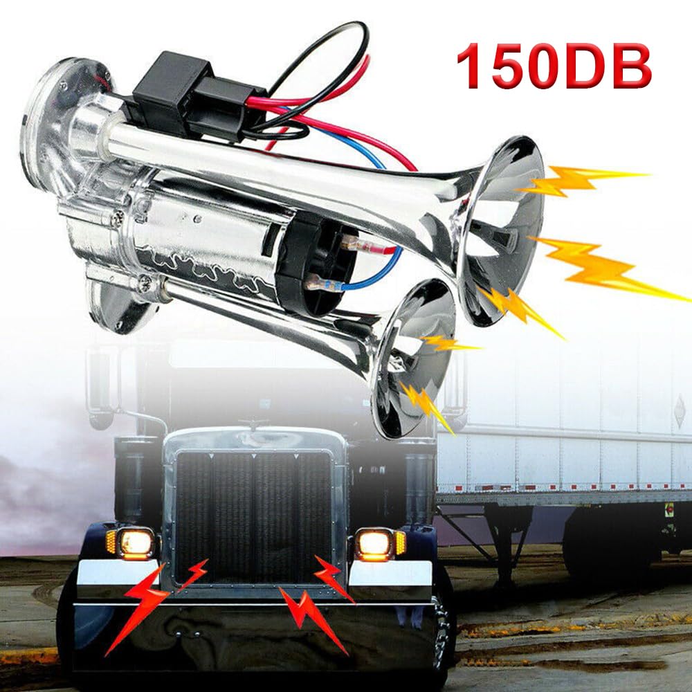 Autohupe, 150 DB Super Laut Doppelte Elektrische Lufthupe Elektrische Hupe Versorgung Doppelrohr Metall Verbundene Elektrische Pumpenhupe Air Horn Kit 12 V Zughupen Set für LKW Autos Boote