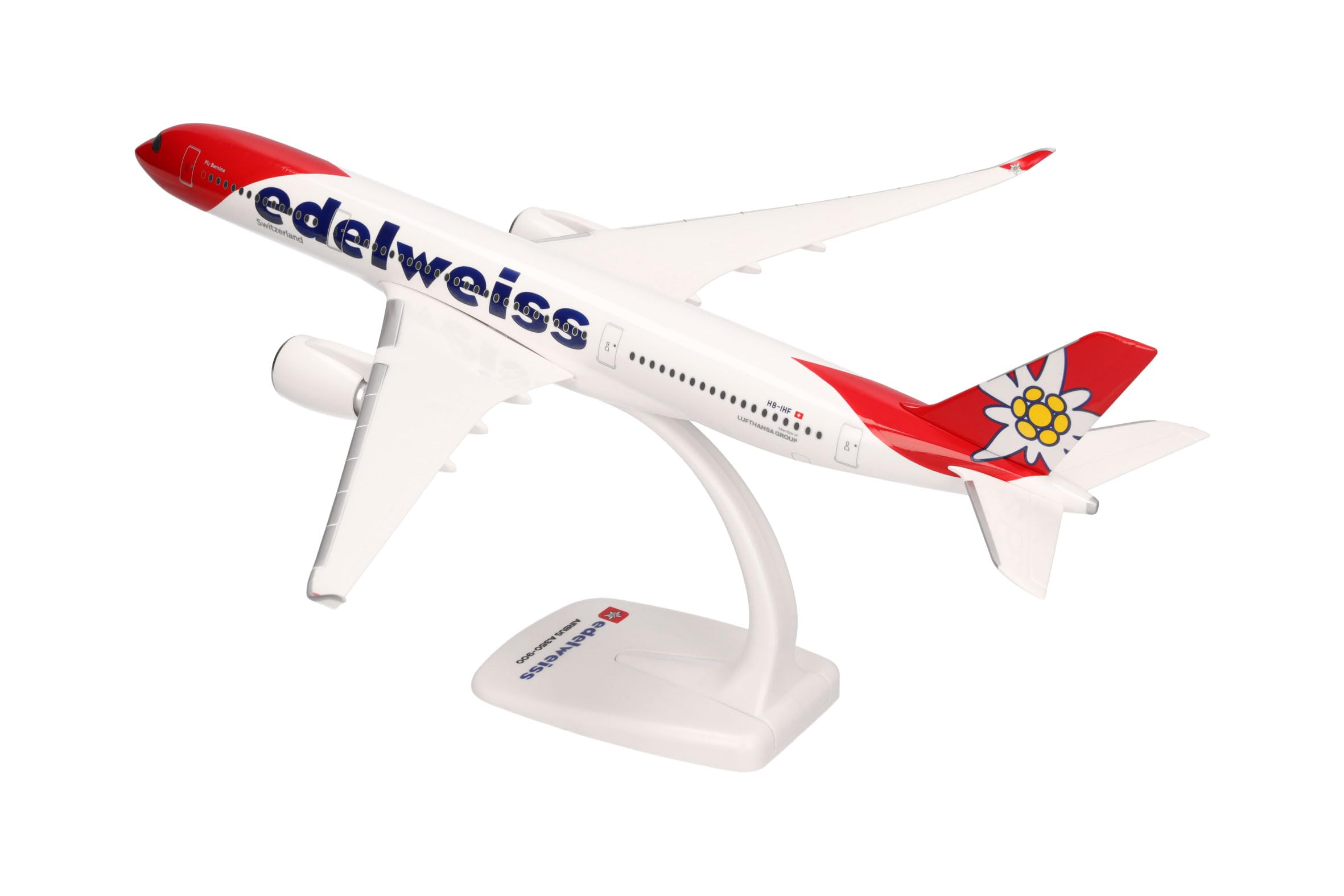 Herpa Snap-Fit Modellflugzeug Edelweiss Air Airbus A350-900 - HB-IHF Piz Bernina, Miniatur im Maßstab 1:200, Sammlerstück, Modell mit Standfuß, Kunststoff, Rot