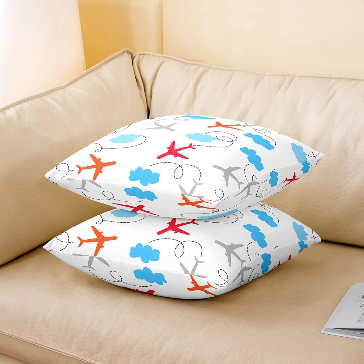 Set of 2 Cartoon Airplane Throw Pillow Covers 24x24 Inch, Watercolor Aircraft Pillow Covers For Young, Blue Red Orange Sky Clouds Flying Plane Cushion Covers, Hand Drawn Abstract Cushion Cases