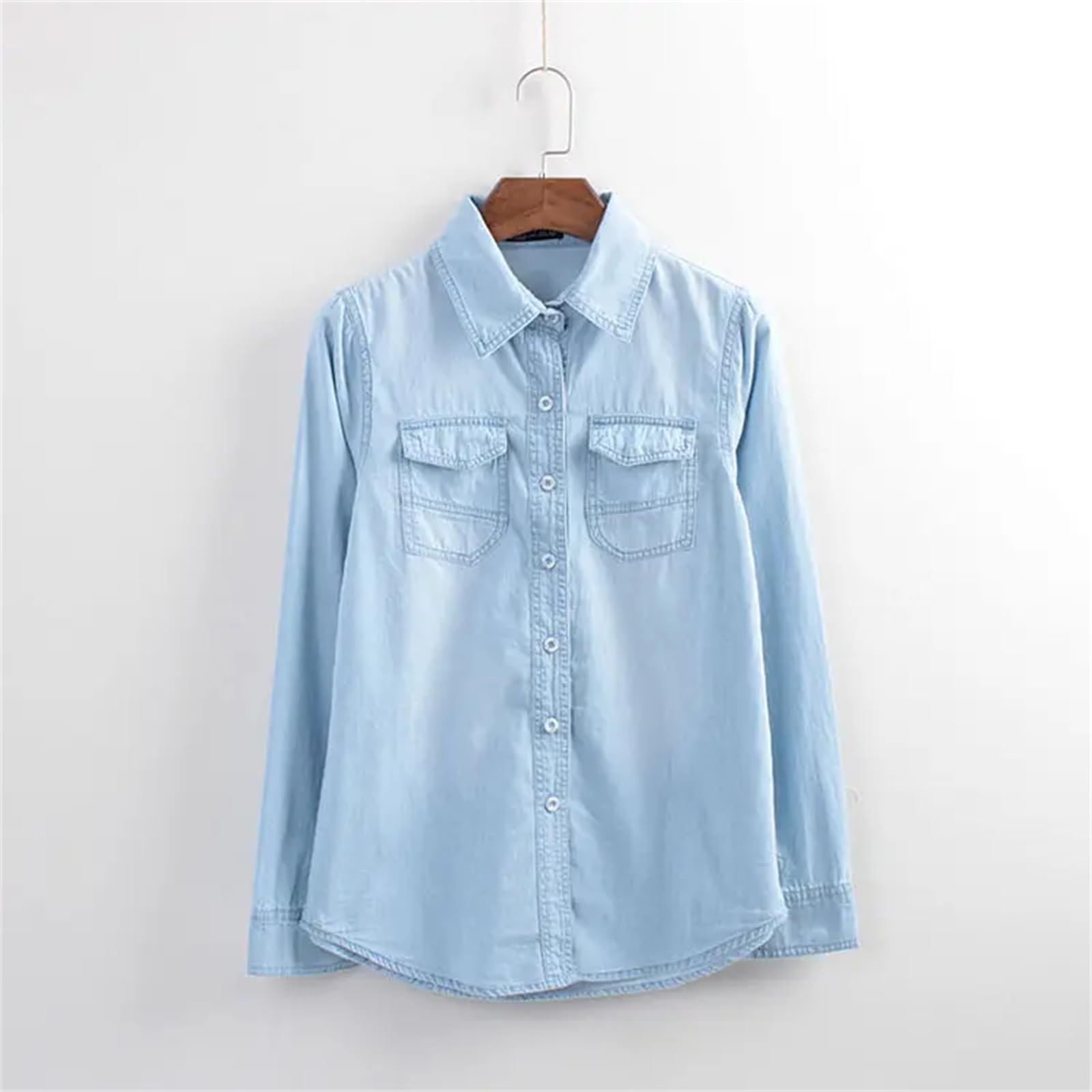 Yeuyyben Camicetta da donna a maniche lunghe, in denim, primaverile, con bottoni