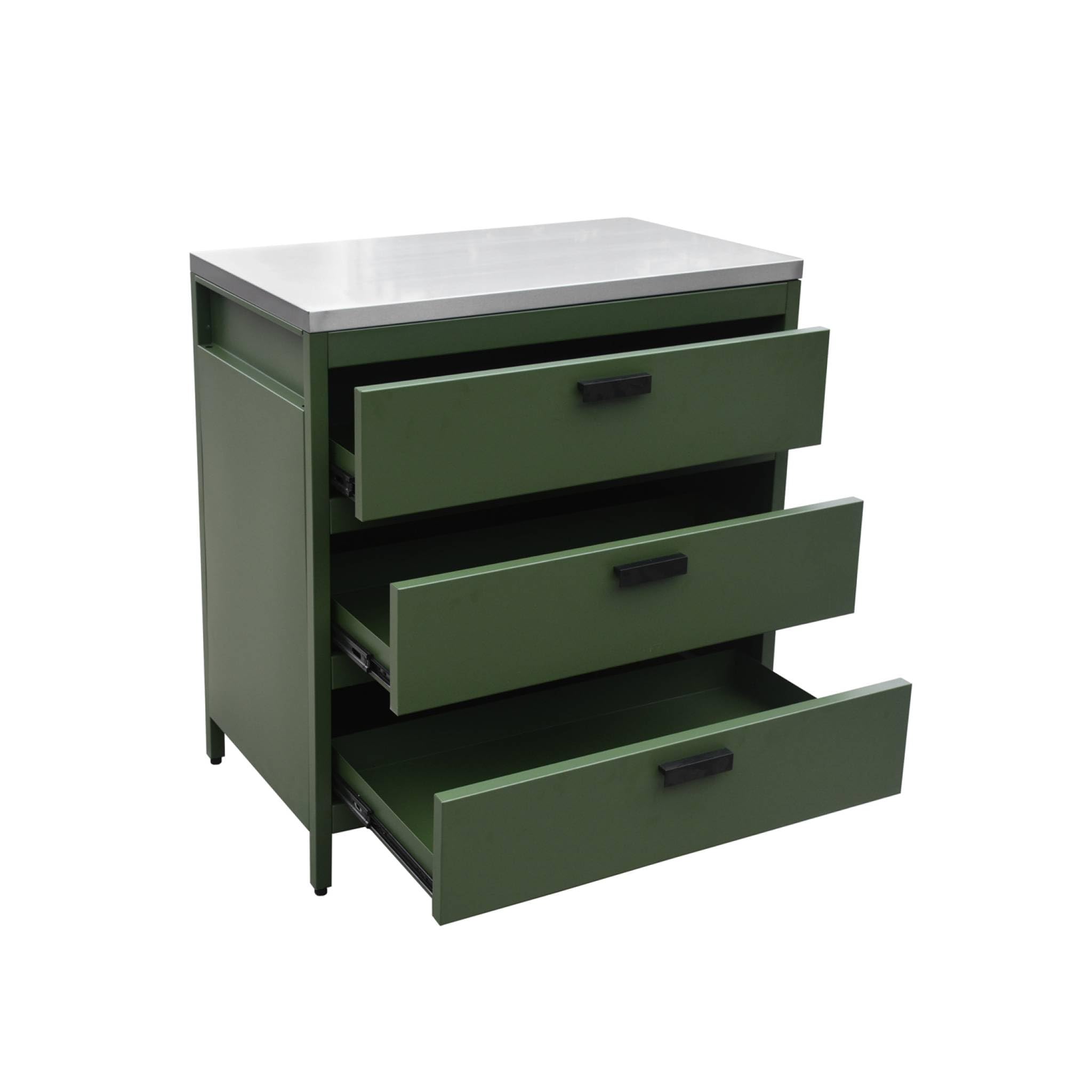 sweeek-Módulo cocina exterior de acero 3 cajones, 80cm, Naxos, Verde, 80x51x87.5 cm