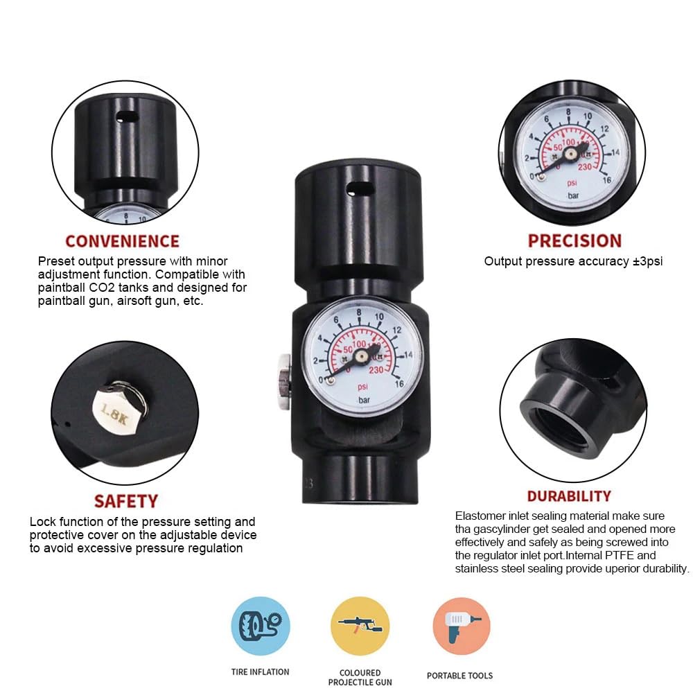 HPA Paintball Pressure Regulator with G1/2-14 Thread,Input 1500 PSI, Output 0-130 PSI, Suit for Pneumatic Air Tools