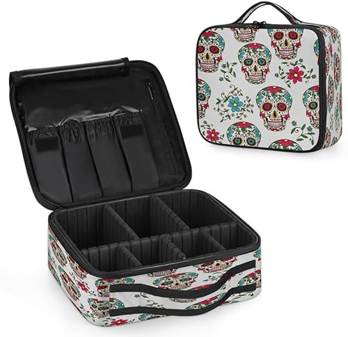 Miniatura 2 de Bolsa de maquillaje de viaje para mujer, grande, cuadrada, portátil, profesional, de tren de coqueta, estuche cosmético con asa, calavera de azúcar