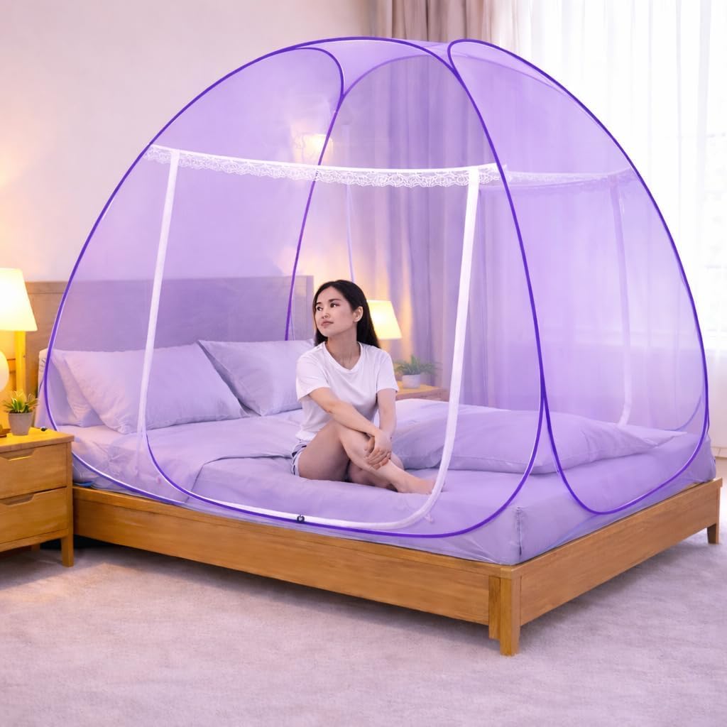 Vxha Enterprise Double Bed Mosquito Net for King Size Bed 6.5 x 6.5 Feet Foldable Machardani with Steel Wire Mesh Portable Canopy Tent for Bedroom Camping Travel (Purple)