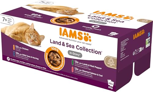 IAMS Delights Land & Sea Collection Senior Katzenfutter Nass - Multipack mit Fleisch und Fisch Sorten in Sauce, Nassfutter für ältere Katzen ab 7 Jahre, 48 x 85 g