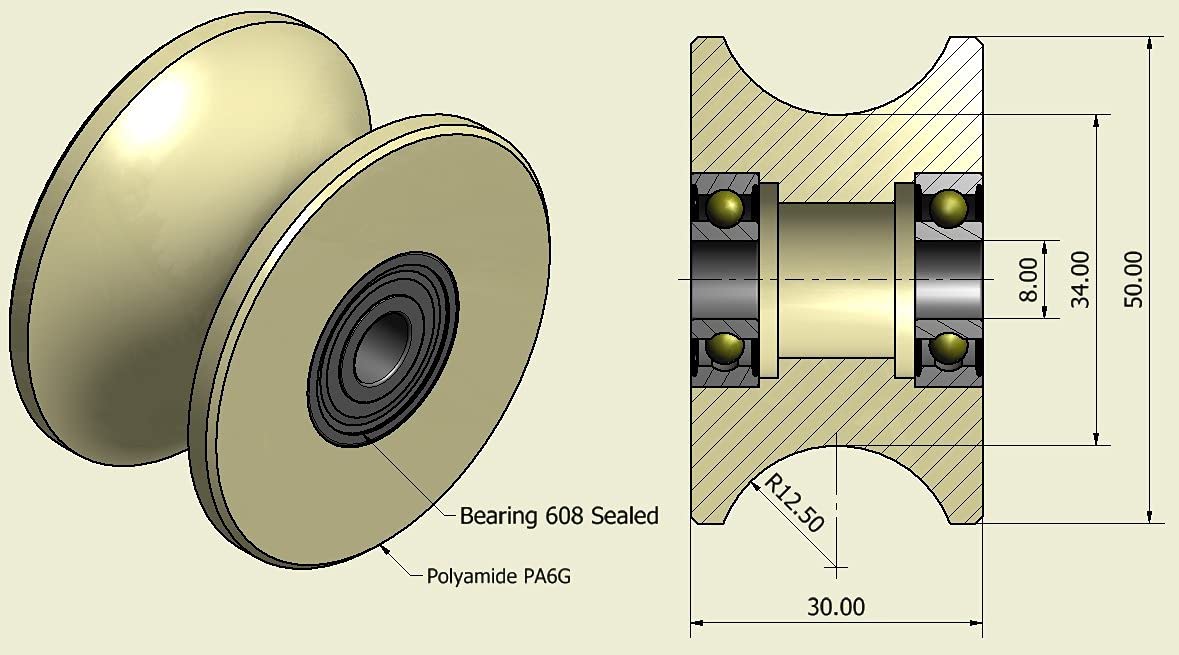 Lot de 4 x 50 mm poulies en nylon usinées avec rainure de 25 mm - Fabriquées en Union européenne, 8 mm Bearings, 4