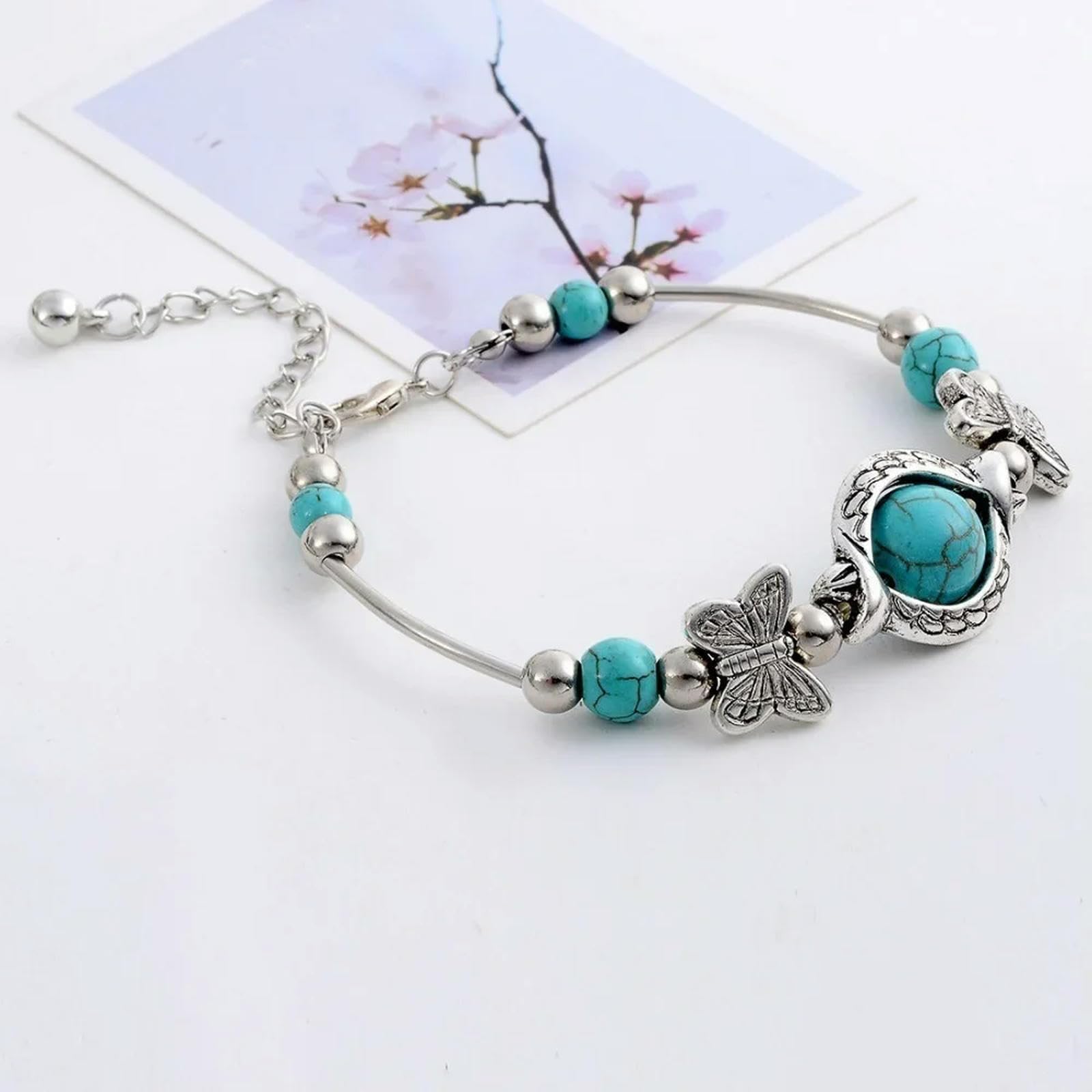 King Trendy Mujer Pulsera de Mariposa Patrón Tallado Personalidad Cuentas Turquesa Cadena de Mano