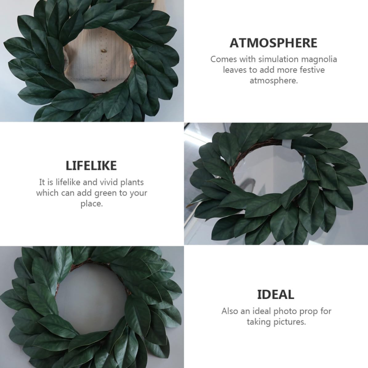 CLISPEED Naturgetreuer Magnolienkranz aus Kunststoff und Rattan Lebensechte Grüne Blätter Dekorativer Türkranz für Festliche Wanddekoration und Foto Requisiten
